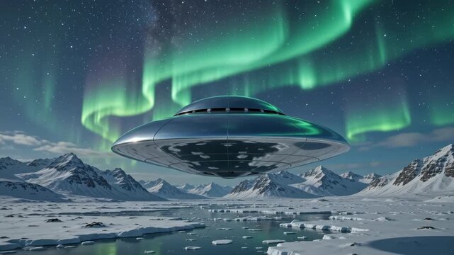 Metallic ufo hovering over arctic landscape with aurora borealis. Alien spaceship flying above snowy mountains and frozen water at night. Science fiction arrival