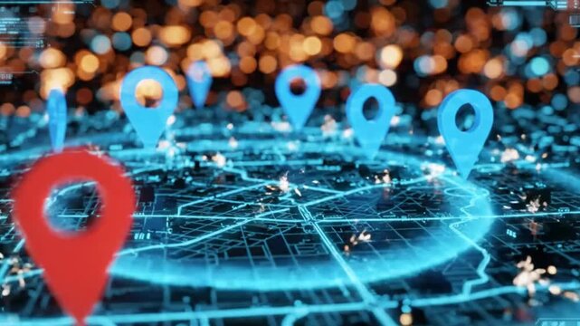 Smart city map glowing location pins points of interest or destinations on a futuristic landscape.