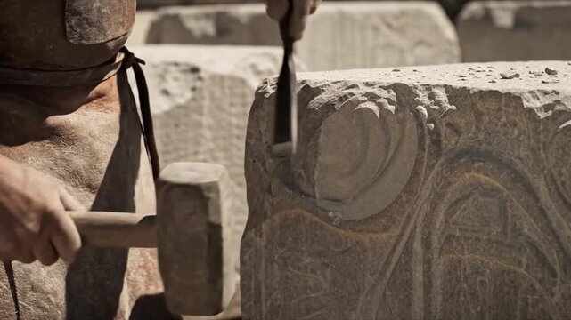 Skilled artisan meticulously carves stone with mallet and chisel, shaping material for monumental building project