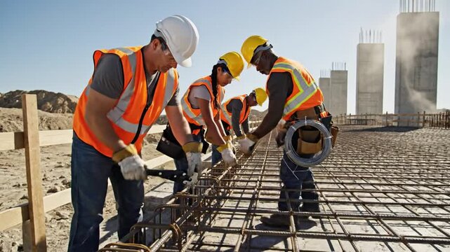 Construction workers in bright orange vests and hardhats collaboratively securing rebar on a large building site