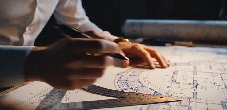 Skilled architect meticulously sketching blueprints for a future construction project under focused studio lighting