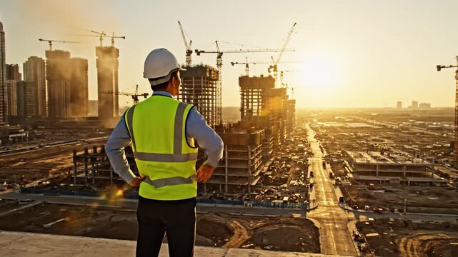 Lone foreman wearing a hard hat and safety vest surveys a sprawling new urban construction development at sunset