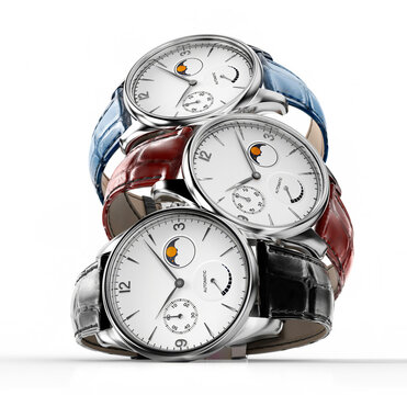 Luxury Automatic Wristwatches with Leather Straps Isolated on White Background