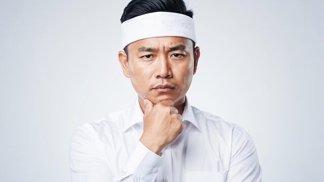 Confused Balinese man in traditional udeng thinking hard with serious expression.