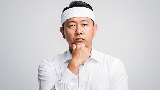 Confused Balinese man in traditional udeng thinking hard with serious expression.