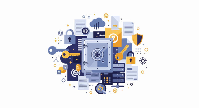 Cybersecurity and Data Protection Vector Illustration with Vault, Keys, and Padlock Icons for Information Privacy and Secure Network Storage