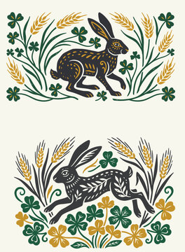 Set of elemental folk art illustrations featuring a hare among wheat stalks and clovers in a rustic linocut block print style.