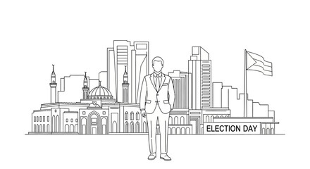 Naklejka premium Man Standing with City Skyline on Election Day