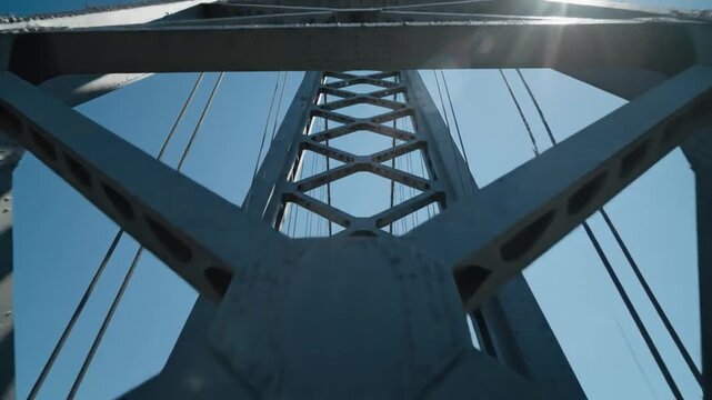 Looking up at the intricate steel framework of a suspension bridge against a clear blue sky on a sunny day
