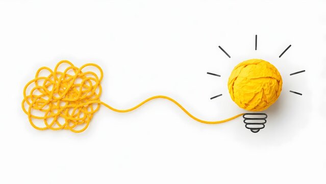 Creative problem solving concept with tangled yellow string unraveling into a bright lightbulb shape representing clarity and innovation