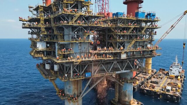 Massive offshore oil rig construction underway with numerous workers assembling components at sea