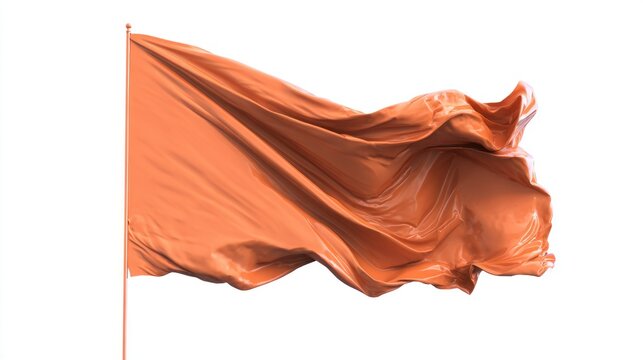 Solid colored textile fabric billows dynamically on a flagpole against a pure white background