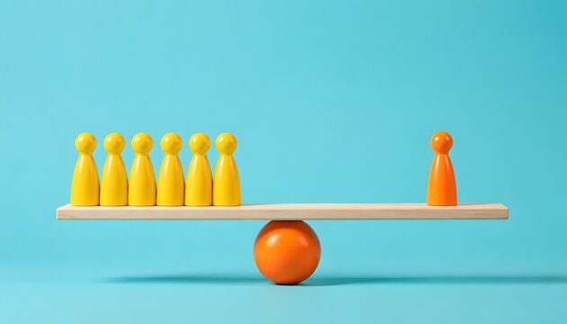 Leadership and leverage concept with one orange wooden figure balancing multiple yellow figures on a seesaw representing business influence
