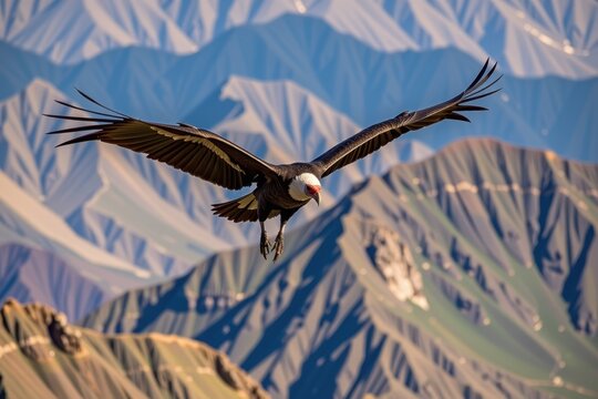 Powerful eagle soars above rugged mountain peaks