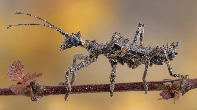 Remarkably camouflaged stick insect with intricate body texture perched on a branch, showcasing nature's adaptive prowess.