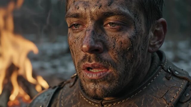 Grimy medieval soldier wearing leather armor sits by a campfire. Tired man covered in dirt contemplates war. Historical drama cinematic scene set in cold forest