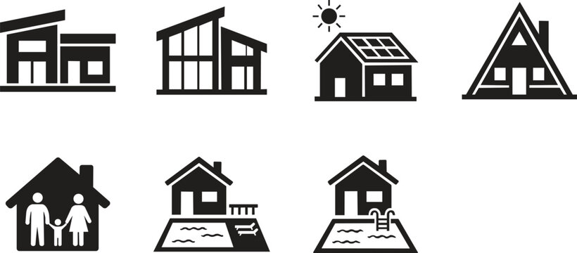Diverse collection of contemporary and traditional house icons, showcasing various architectural styles for modern living, including family homes and leisure properties with pools