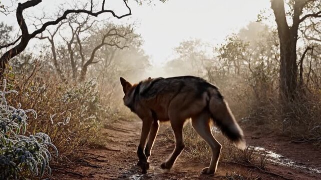 Solitary Maned Wolf Trots Through Misty Brazilian Cerrado at Dawn