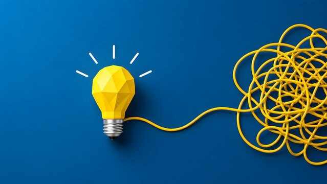 Creative problem solving concept featuring a low poly yellow lightbulb connected to a tangled wire on blue background representing innovation