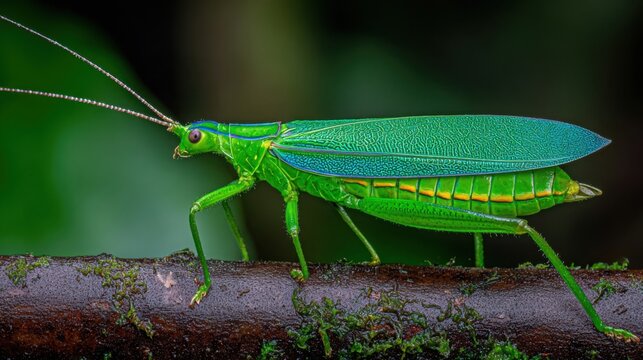Vibrant Green Insect Perfectly Camouflaged Against a Twig in a Natural Forest Setting