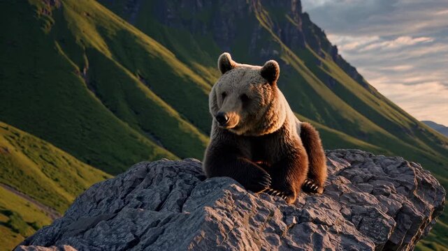 Grizzly bear resting on rocky outcrop in scenic mountain landscape. Majestic creature enjoys tranquil moment at sunset. Nature's beauty captivates wildlife enthusiasts and photographers.