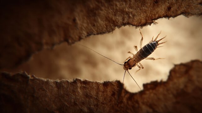 A silverfish emerges from a dark crevice in aged, textured paper, highlighting its detailed anatomy and habitat.