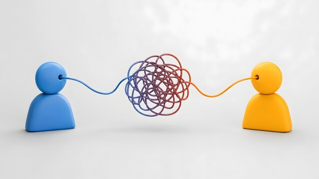 3D illustration of two colorful abstract figures connected by a tangled messy string symbolizing misunderstanding complex communication and conflict