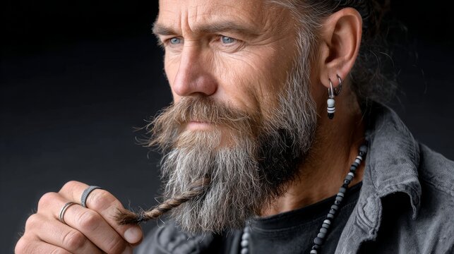 Man braids his beard in a moment of focus and self-expression without distractions