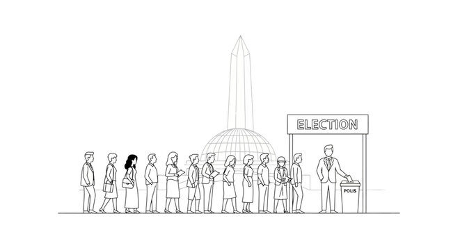 Diverse crowd waiting in line at election polling booth