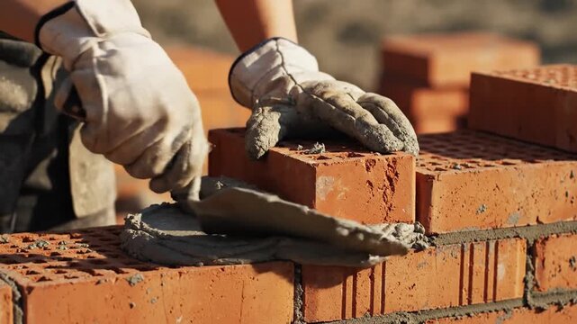 Skilled bricklayer meticulously laying bricks to construct a sturdy wall with rich mortar, showcasing expert masonry and construction progress.