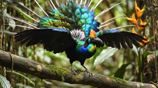 Magnificent Bird of Paradise showcases elaborate mating display while perched on mossy jungle branch