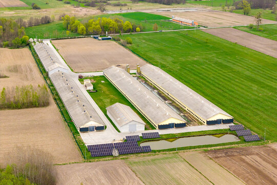 Aerial view of a large industrial farm complex with long buildings, solar panels, and a pond surrounded by green agricultural fields in Zuromin, Masovian Voivodeship, Poland.