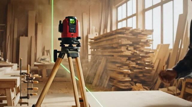 Skilled carpenter utilizing a green laser level for precise measurements in a woodworking workshop setting