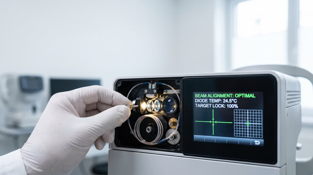 Precision medical engineer calibration abd adjusting diode beam alignment system on digital display monitor of laser machine. Digital optical coherence tomography (OCT) eye scanner device copy-space.
