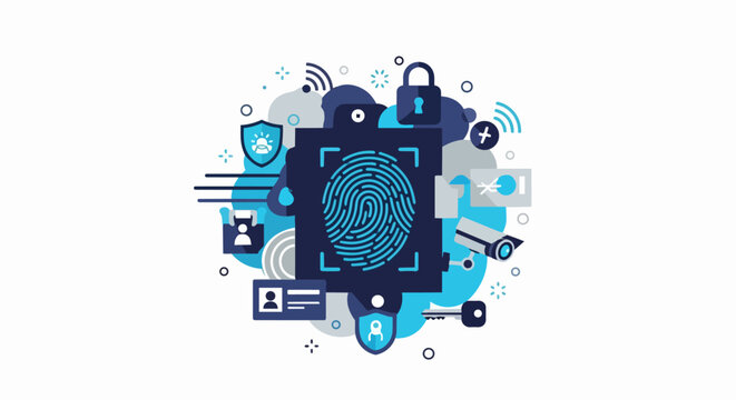 Biometric Cybersecurity Concept Illustration with Fingerprint Scan, Padlock, and Surveillance Camera Icons