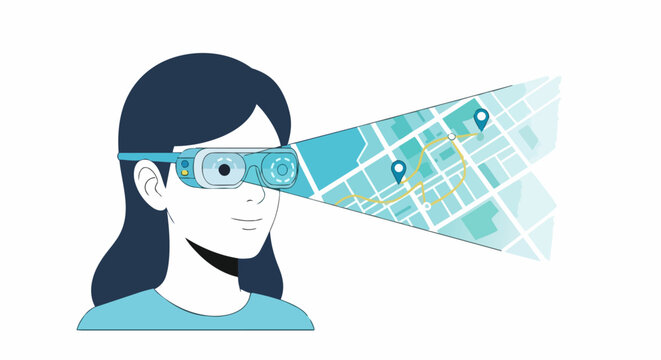 Augmented Reality Navigation Concept with Woman Wearing Smart Glasses Viewing Digital Map and GPS Route - Flat Illustration
