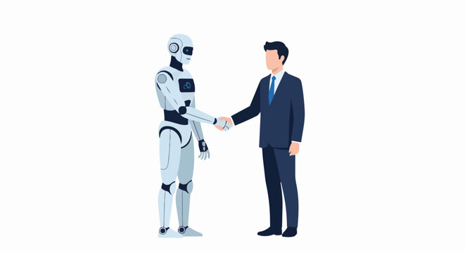 Business Man Shaking Hands with a Humanoid Robot Representing Artificial Intelligence Collaboration and Future Technology Partnership in Corporate Industry