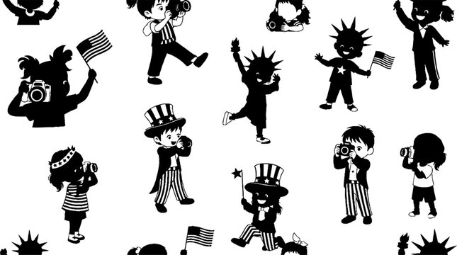 Patriotic children in costumes with cameras seamless pattern