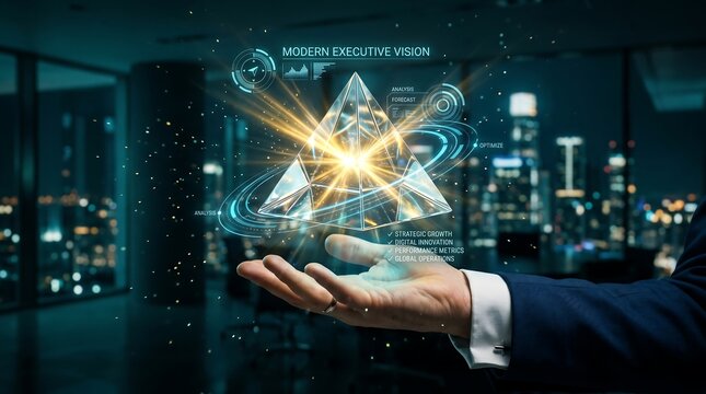 Businessman holds a glowing holographic pyramid above his palm in a modern office space while advanced digital data analytics and floating light particles interact with the corporate environment.