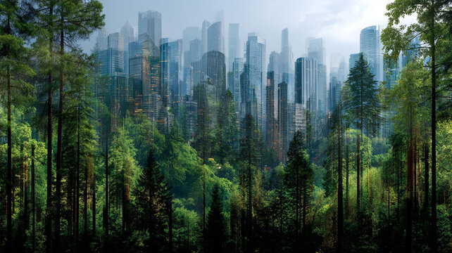 Sustainable finance esg investing city forest skyline green sustainable finance esg investing city skyline blending with lush forest promoting