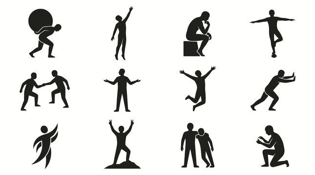 Human Figure Silhouette Pose Set with Metaphor Actions, Black Vector People Icons Isolated on White