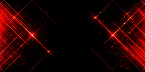An abstract red background features bright digital technology lines and glowing stars, creating a festive Christmas explosion of shiny light, magic energy, and modern art design in the black night spa © Kazim