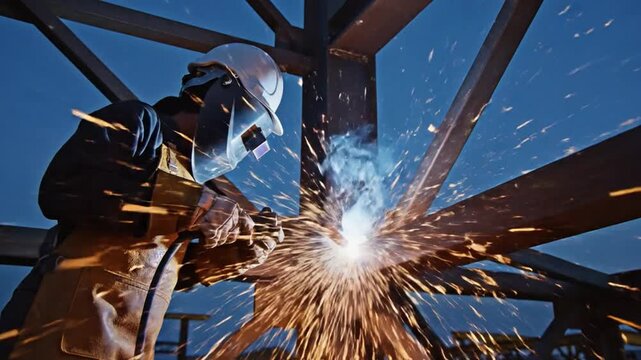 Skilled construction worker in hard hat welding metal beams with intense sparks flying, at night