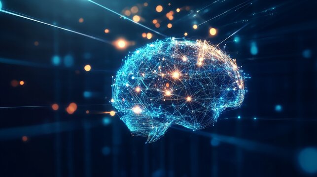 Glowing blue brain with digital connections and lights