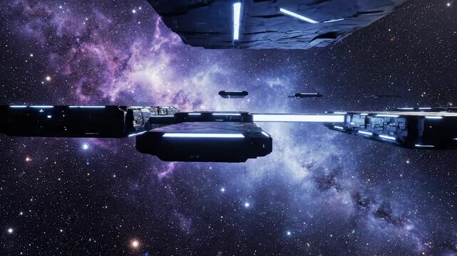 Futuristic spaceship interior with a view of the galaxy and space travel concept.