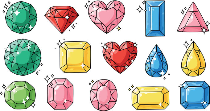 Colorful gemstone collection vector illustration with diamonds, heart shaped jewels and sparkling precious stones set