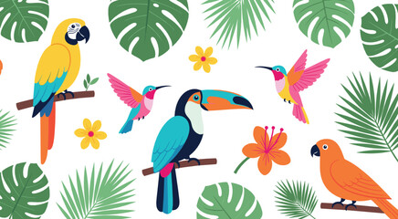 Obraz premium Colorful tropical birds and jungle leaves vector illustration set with toucan, parrot, macaw and hummingbird in flat cartoon style