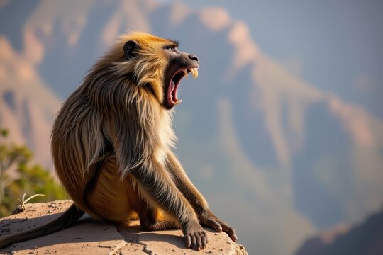 Mountain monkey yawns, revealing sharp teeth
