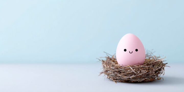 a pink easter egg with an excited face in its nest on a light blue background