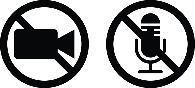 No video recording and no microphone prohibition signs vector set with camera and mic icon inside crossed circles black.